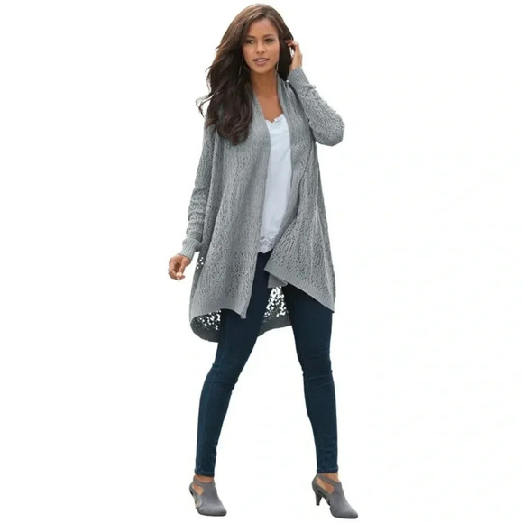 Roaman's Sweaters - Roaman’s Pointelle Cardigan, Size 1X (22/24), Gunmetal